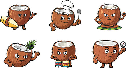 coconut mascot character collection flat food vector