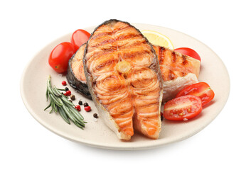 Tasty grilled salmon steaks, tomatoes, lemon and rosemary isolated on white