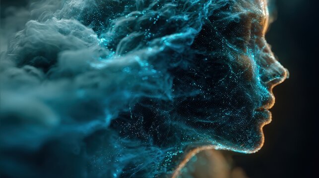 luminous digital human profile emerging from a swirling cloud of glowing particles symbolizing artificial intelligence data streams and the intricate essence of consciousness - Powered by Adobe