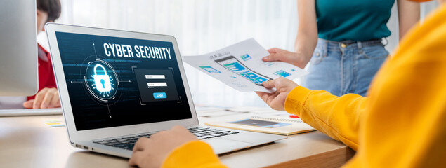 Cyber security system on computer screen protect private information brisk from hacker and cyber attack