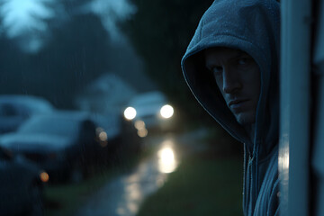 Mysterious man in dark hoodie leans out of a car window on a rainy street at dusk, creating a suspenseful and cinematic atmosphere.
