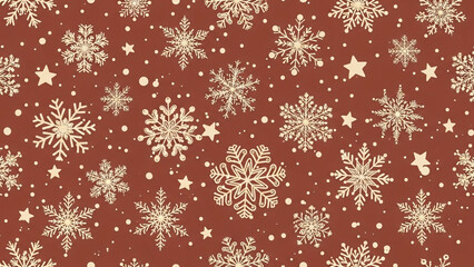 Hand drawn winter snowfall seamless pattern featuring stylized white snowflakes stars and dots on warm reddish brown background
