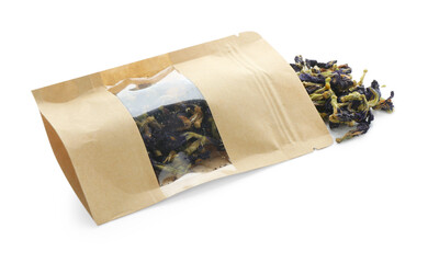 Stand-up pouch with flower tea isolated on white