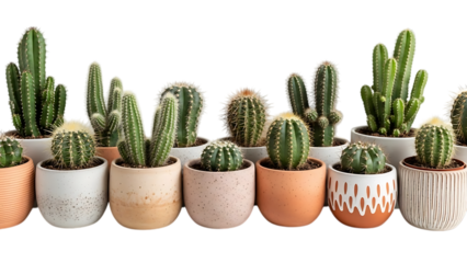 Collection of various cacti in decorative pots lined up