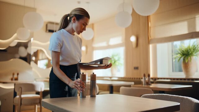 Serious restaurant staff putting dishes serving table closeup. Service lady