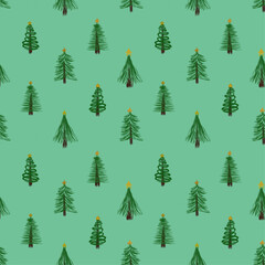 Seamless pattern with hand-drawn green fir trees on a green background. A decorative seasonal Christmas print.