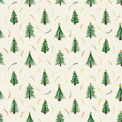 Seamless, repeating forest pattern featuring hand-drawn green spruce trees. A decorative seasonal print on a white or blank background.