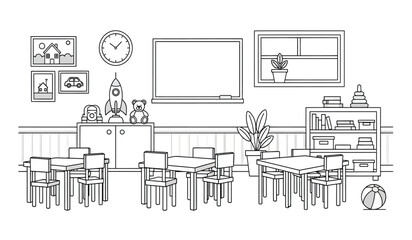 a detailed black and white illustration depicts a classroom setting with desks chairs a whiteboard and decorative elements like pictures and plants © rsvect02