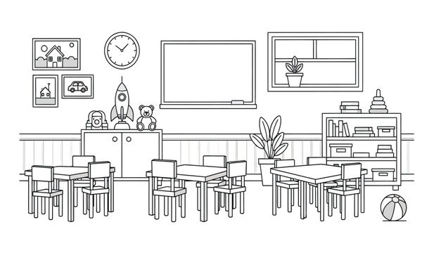 a detailed black and white illustration depicts a classroom setting with desks chairs a whiteboard and decorative elements like pictures and plants