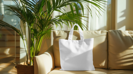 White tote bag mockup on sofa with palm tree