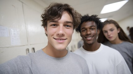 Fototapeta premium Three young people are smiling for a picture in a hallway