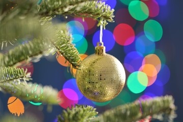 Beautiful fir tree with golden bauble against blurred Christmas lights, closeup. Bokeh effect