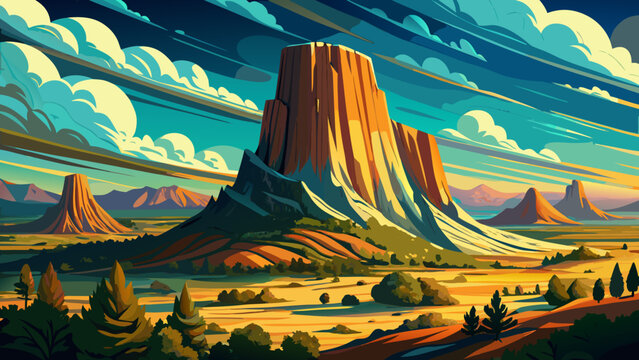 Very beautiful HDR view of Devil&rsquo;s Tower National Monument in Crook County, Wyoming, emphasizing dramatic rock textures, towering form, and surrounding plains under dynamic skies.