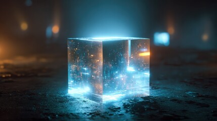 explore future tech innovations with glowing digital cube visualize cuttingedge ai blockchain solutions and quantum computing concepts in a modern and professional way