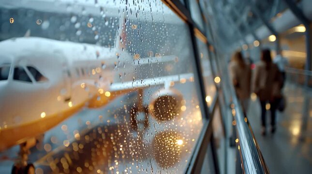 Flugzeug am Flughafen bei Regen mit Regentropfen auf Glas und Abendlicht