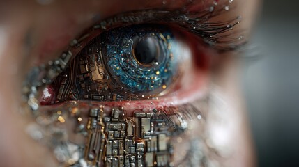 a closeup of an ai robot eye with intricate circuits and data processing visible within