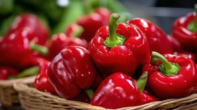 Close-up texture pattern of vibrant red paprika bell peppers, vegetable background detail, food photography, organic produce surface, with copy space