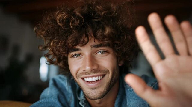 A cheerful young man waves with a friendly smile, wearing casual clothes in an outdoor setting.