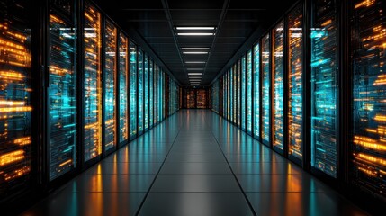 futuristic glowing digital data streams flowing from a server rack in a modern data center environment