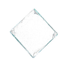 Transparent shattered glass piece with visible cracks, isolated broken glass element
