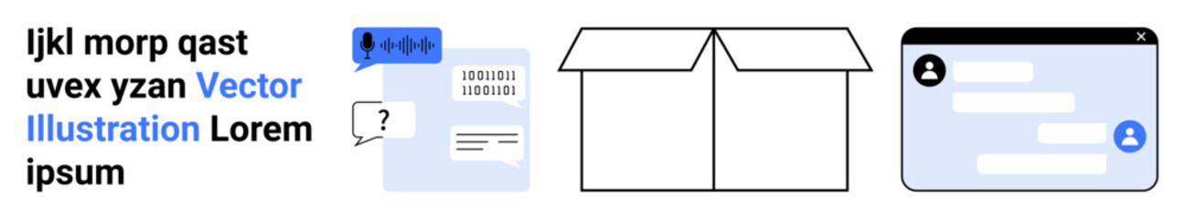 Fototapeta premium Communication, e-commerce, online support, collaboration, logistics, messaging. Blue chat bubble, cardboard box and chat interface visuals. Communication and e-commerce icons for modern interaction