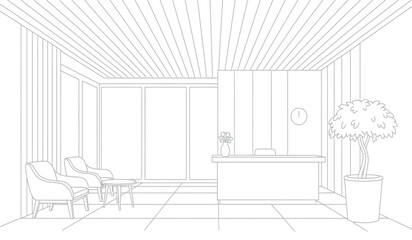 a detailed line drawing depicts an elegantly minimalist interior space featuring a reception desk comfortable seating and large windows presenting a calm atmosphere