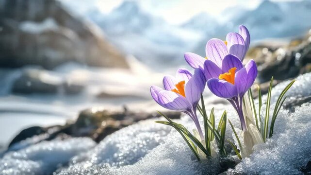 Purple and orange crocus blooms against a mountain backdrop, covered with snow
