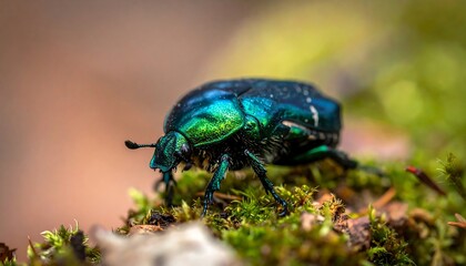 Iridescent beetle sits on lush, green moss, surrounded by a soft, blurred forest background, shining in the sunlight