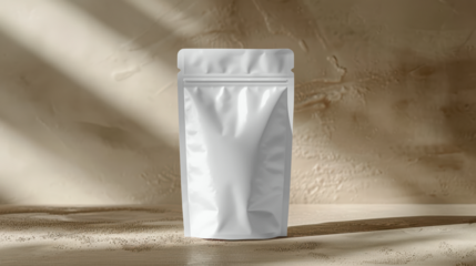 White pouch standing mockup on a wooden surface