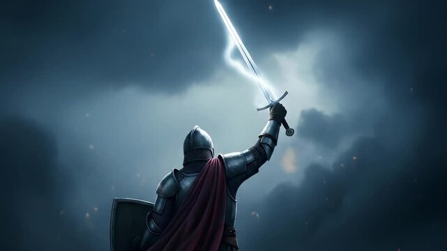 Epic fantasy warrior with electrifying sword standing against ominous storm clouds