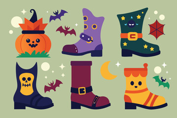 set of  Halloween boot hand drawn elements collection cut out vector illustration