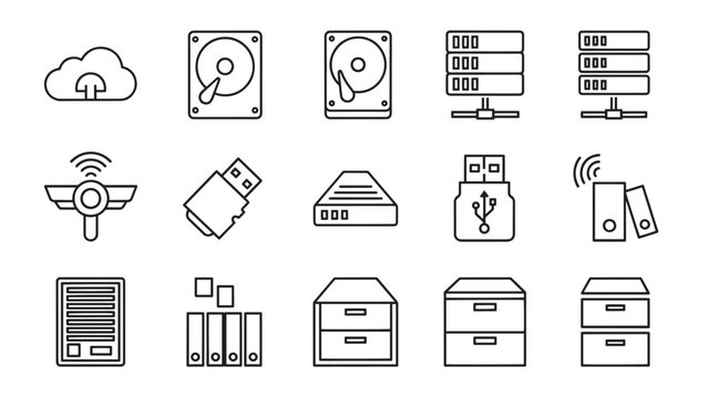 Line art icons depicting various computer, data storage, and office organization symbols on a white background