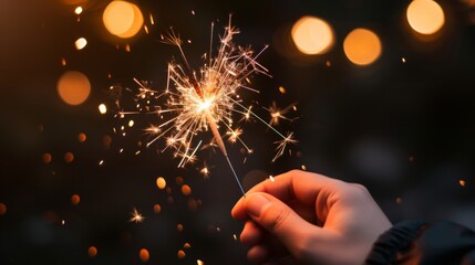 Hand holding burning sparkler with golden bokeh lights. Night celebration background for New Year or Christmas. Copy space