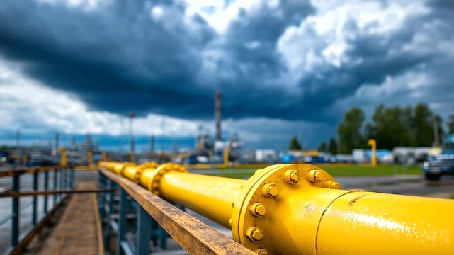 Carbon capture facility pipes infrastructure in front of cloudy dramatic sky, CCS technology, industrial emission reduction, environmental sustainability engineering, defocused clo