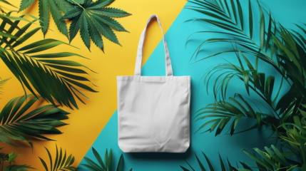 White tote bag mockup surrounded by green leaves on yellow and blue background