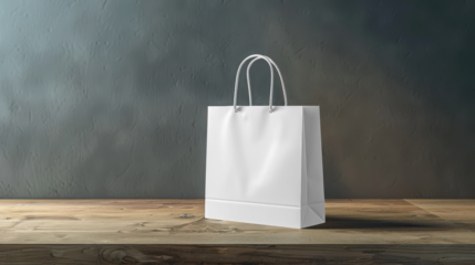 White shopping bag mockup on wooden table against grey wall
