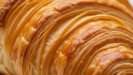 Close-up view of a golden-brown, flaky croissant showing its delicious layered texture and crispy surface.
