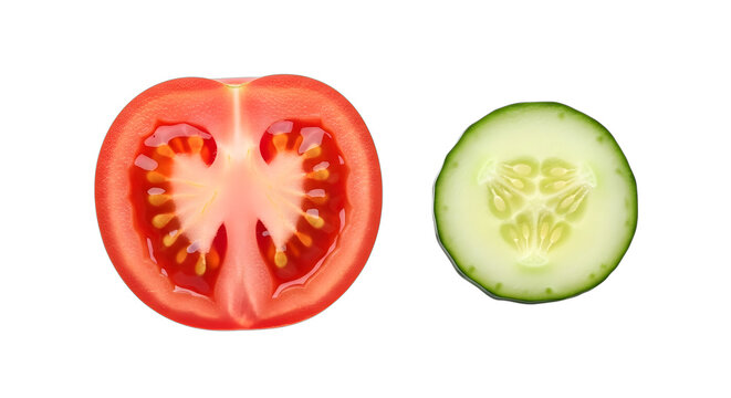 Half tomato and a slice of cucumber isolated on transparent background