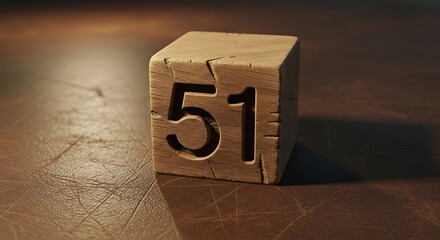 A weathered wooden block with the number 51 carved into its surface, resting on a textured surface.