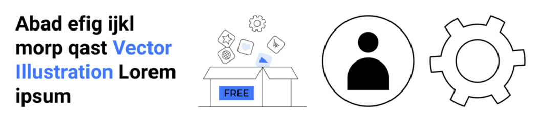 Obraz premium Bold user icon, open box with floating icons labeled FREE, and settings gear. Ideal for app onboarding, customization, user profile setup, software features, digital tools, content sharing
