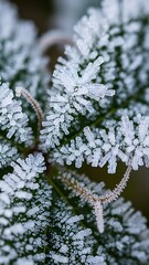 Close-up of green leaves covered in delicate, intricate frost crystals on a cold winter morning.