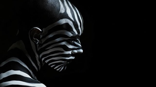 Man with extreme zebra stripes body and face paint, creating a surreal, theatrical effect.