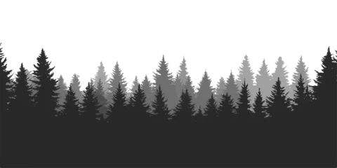 Keuken achterwand Grijs Vector illustration of beautiful tree silhouettes in a foggy mountain forest landscape under a blue winter sky with snow and pine woods  © Md