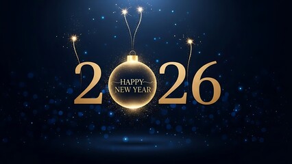 New Year 2026 celebration with shiny gold decorations and lights on a dark background with blue sparks