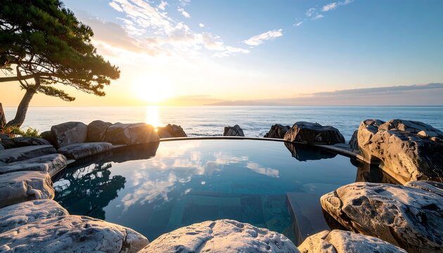 海と空を映し込む岩風呂が雄大な自然風景と溶け合う贅沢な露天体験