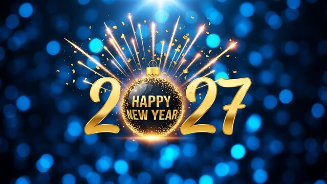 Golden fireworks illuminate Happy New Year 2027 celebration on a blue bokeh background
