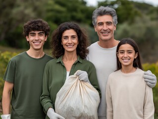 Family of four, smiling and holding a bag of collected waste, standing together outdoors in a green environment, promoting Earth Day and environmental awareness for a cleaner planet