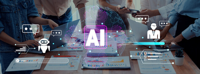 A dynamic group engages in a collaborative meeting, utilizing AI tech visuals, data analysis, and digital devices within a modern office space. Trope