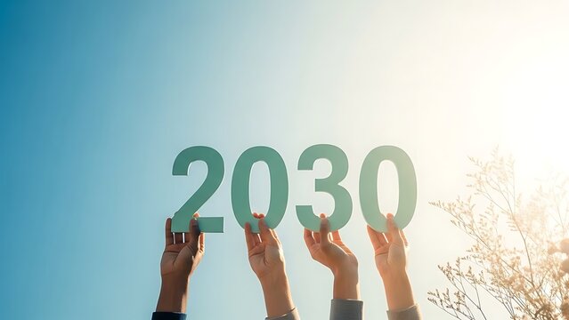 Hands holding up large green numbers representing the year 2030 towards a sunny sky with trees