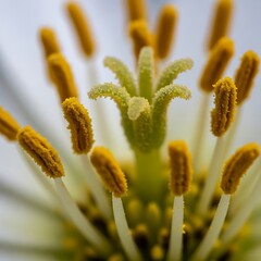 Detailed macro shot of a white flower's vibrant yellow stamens and green pistil.